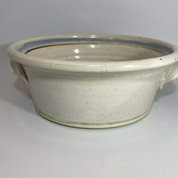 Artisan Signed Glazed Pottery Ivory Gray Serving Bowl w/ Handles Blue Flowers - Picture 2 of 10